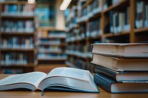 Aperto libro su un' tavolo con pile di libri su il lati. sfocato moderno biblioteca su un' sfondo. foto