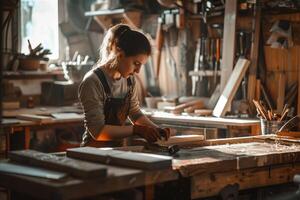 donna bello falegname Lavorando con legna nel officina. foto