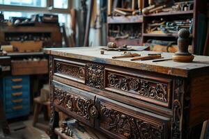 restauro e riparazione di antico di legno mobilia e legna prodotti officina. foto