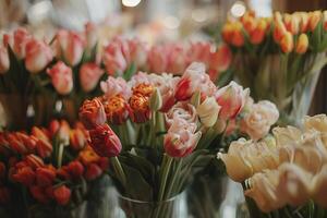 bellissimo mazzi di fiori di tulipani nel un' bicchiere vasi nel un' fiore negozio. sfocato fiore negozio nel un' sfondo. foto