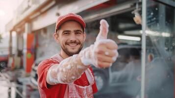 giovane uomo auto lavare lavoratore Spettacoli pollici su e sembra a telecamera. foto