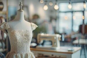 indossatrice con pastello beige vestito nel il moderno moda design studio. foto