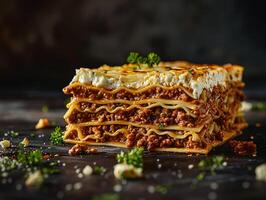 stratificato Lasagna con speziato terra carne e dolce ricotta formaggio, un' comfort piatto reinventato nel vivace dettaglio foto