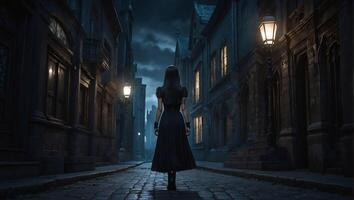 un' bellissimo goth ragazza con lungo dritto capelli nel un' corto nero vestito è a piedi attraverso un' Gotico città foto