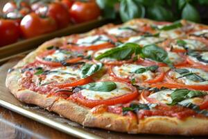 margherita Pizza con fuso Mozzarella e fresco basilico e maturo pomodori foto