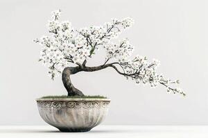 un' fioritura ciliegia albero piantato nel un elegante porcellana pentola. foto