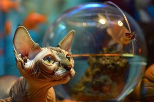 un' curioso devon rex gatto scrutare in un' acquario, suo grande orecchie spasmi con eccitazione a il vista di il pesce dentro foto