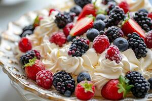 Pavlova con frustato crema e fresco frutti di bosco foto