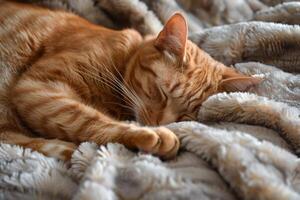 un' contento Zenzero gatto arricciato su su un' accogliente lenzuolo, suo occhi cascante con assonnato contentezza foto