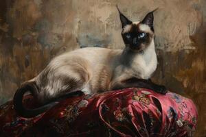 un' sereno birmano gatto oziare su un' velluto cuscino, suo caldo Marrone cappotto mescolanza senza soluzione di continuità con il lussuoso tessuto foto