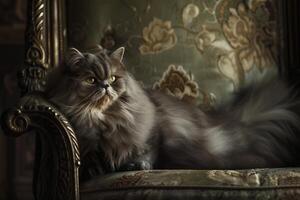 un' regale persiano gatto seduta in cima un' imbottito trono, suo lussuoso pelliccia a cascata nel dolce onde in giro suo corpo foto