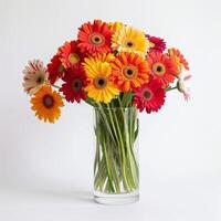 un elegante bicchiere vaso con cluster di vivace gerbera fiori. foto