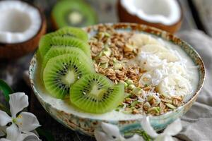 Noce di cocco frullato ciotola sormontato con muesli foto