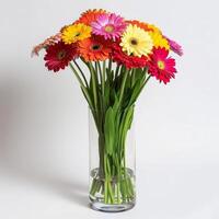 un elegante bicchiere vaso con cluster di vivace gerbera fiori. foto