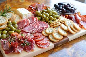 delizioso salumi tavola con guarito carni, formaggio, olive e cracker. foto