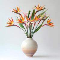 contemporaneo ceramica vaso Spettacoli un' gruppo di uccelli di Paradiso nel fioritura. foto