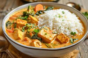 Noce di cocco curry ciotola con tofu, verdure e gelsomino riso foto