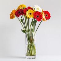 un elegante bicchiere vaso con cluster di vivace gerbera fiori. foto