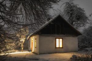 vecchio ucraino Casa nel inverno a notte. inverno e notte paesaggio. foto