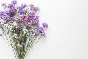 meravigliosamente disposte statice e caspia fiori nel un' vaso. su un' bianca sfondo foto