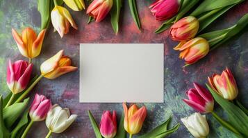 vuoto foglio di carta e colorato tulipano fiori telaio modello foto