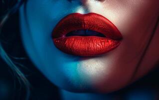 vicino su foto di sensuale rosso labbra. femmina cosmetico rendere su concetto. rosso rossetto gloss per donne.