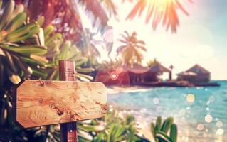vuoto di legno cartello a il spiaggia. pronto per estate viaggio. tropicale destinazione vacanze concetto. finto su cartello. foto