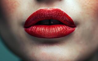 vicino su foto di sensuale rosso labbra. femmina cosmetico rendere su concetto. rosso rossetto gloss per donne.