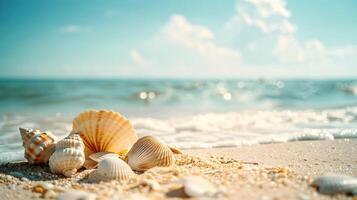 estate sfondo, sabbioso spiaggia, oceano e conchiglie, blu cielo, Prodotto presentazione, di stagione modello con copia spazio la zona, estetico striscione, foto