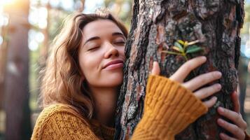 ambientale clima attivista, bellissimo donna abbracciare albero nel foresta, natura sfondo, eco amichevole, clima modificare foto