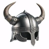 un' vichingo casco con Due corna, fatto di metallo con un' celtico nodo design in giro il parte inferiore foto