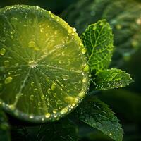 avvicinamento di lime con acqua goccioline. generativo di ai foto