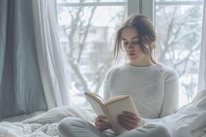 bellissimo caucasico ragazza lettura libro in casa durante inverno stagione foto