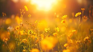 bellissimo campo di giallo margherita fiori nel tramonto leggero foto