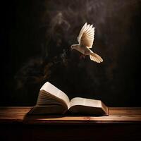 volante colomba sopra un ha aperto libro. il santo spirito appare al di sopra di il Bibbia foto