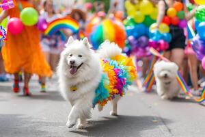 alla moda Samoiedo animale domestico cane nel orgoglio parata. concetto di LGBTQ orgoglio. foto