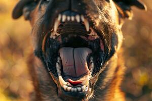 avvicinamento di bocca di aggressivo cane abbaiando. rabbia virus infezione concetto. foto