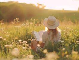 bellissimo caucasico ragazza lettura un' libro nel il prato. foto