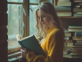 bellissimo caucasico ragazza lettura libro in casa foto