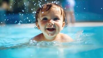 del bambino estate avventura - contento ragazzo giocando nel gonfiabile piscina foto