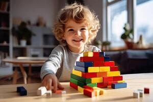 gioioso bambino assemblaggio colorato di legno mattoni costruzione impostato foto