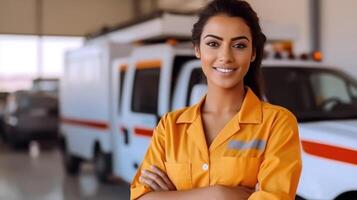 sorridente giovane donna medico di ambulanza foto