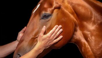caucasico uomini la spesa il suo gratuito tempo con cavallo nel un' fienile. cavallo naso carezza. foto