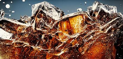 Coca Cola con Ghiaccio. vicino su di il ghiaccio cubi nel Coca Cola acqua. struttura di carbonato bevanda con bolle nel bicchiere. Coca Cola bibita e ghiaccio spruzzi frizzante o galleggiante su per superiore di superficie. freddo bevanda sfondo. foto