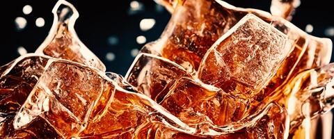 spruzzi di Coca Cola e Ghiaccio. Coca Cola bibita e ghiaccio spruzzi frizzante o galleggiante su per superiore di superficie. vicino su di ghiaccio nel Coca Cola acqua. struttura di carbonato bevanda con bolle nel bicchiere. freddo bevanda sfondo foto