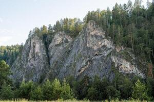 un' appuntito montagna picco coperto di vegetazione con pino foresta, collinoso montagne, un' paesaggio di grigio rocce, un' taiga foresta di animali selvatici. foto