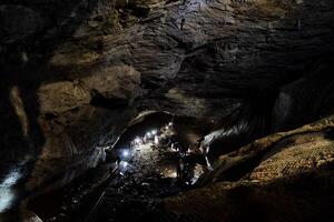 il pietra volte di il grotta, il leggero si illumina il soffitto di il carsico grotta, un' gruppo di persone partire per ispezionare il gesso grotta, un' gigante metropolitana passaggio. foto