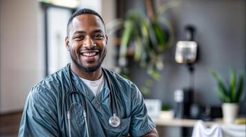 ritratto di un' sorridente africano maschio infermiera nel uniforme con un' stetoscopio nel un' clinica ambientazione visualizzazione fiducia foto