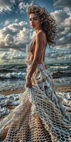 spiaggia modello pose nel elegante moda come tramonto porta su il bellezza di il paesaggio marino e acconciatura foto