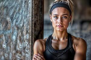 fitness allenatore nel un' Palestra mostrando determinazione e atletismo con bionda capelli e abbigliamento sportivo foto